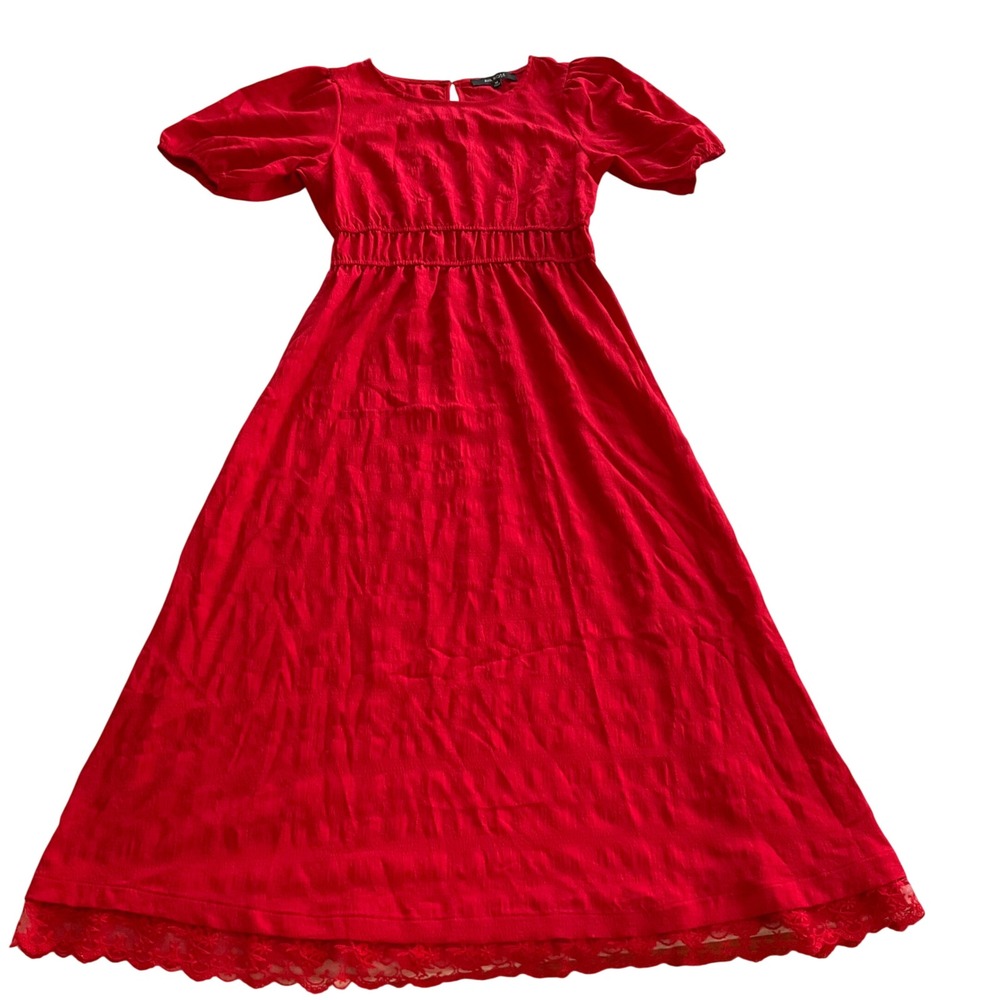Ava Rose Midi Dress Women Medium Red Lace Trim Puff Sleeve‎ Smocked Waist